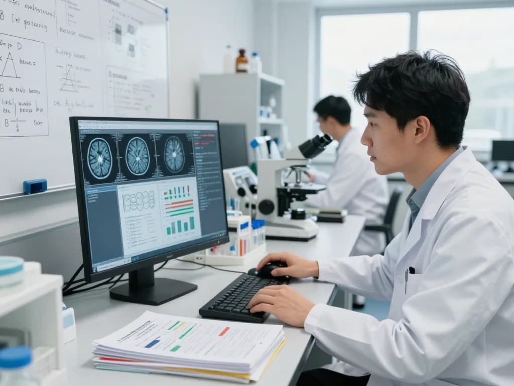 Research scientist at https://nddo.org analyzing brain data in a modern lab.
