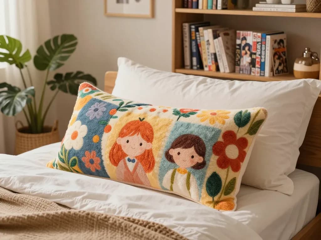 Custom body pillow cases displayed on a cozy bed with vibrant colors and soft materials.