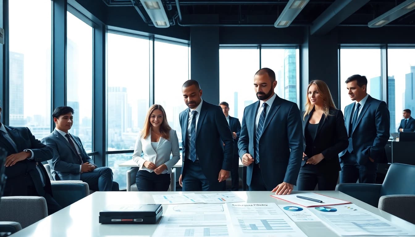 Team members of a professional security agency collaborating on strategies in a modern office.