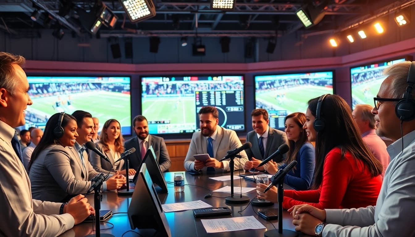 Engaging hosts in a sports broadcasting studio, capturing the excitement of live commentary.