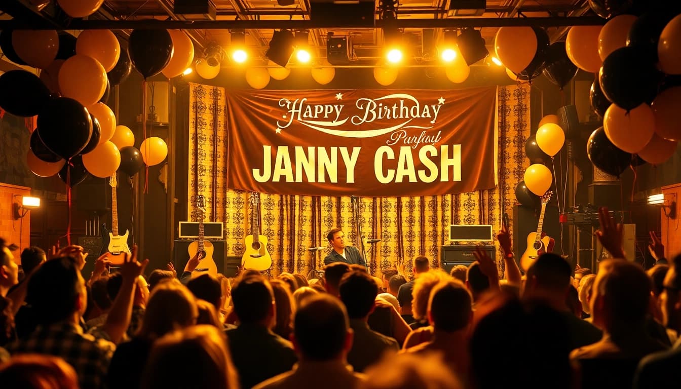 Fans celebrating at johnnycashbirthday.com event with live music and decor.