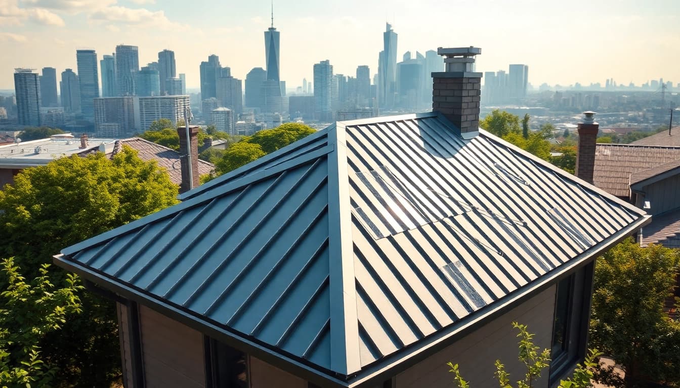 Enhancing homes with metal roofing toronto, showcasing a sleek, modern installation against a vibrant skyline.