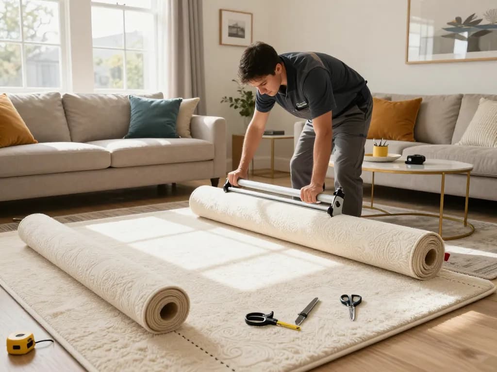 Home carpet fitting services with a professional installer laying plush carpet in a stylish living room.