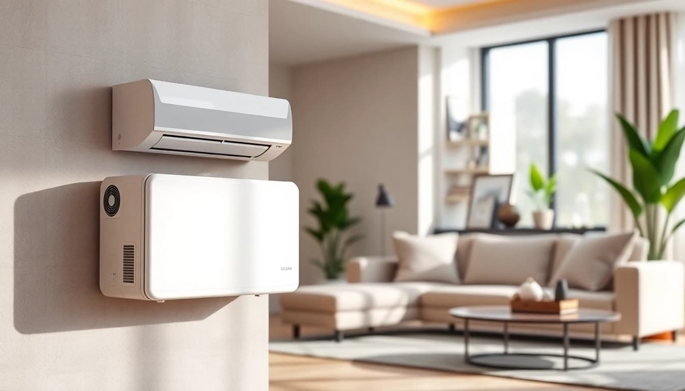 Showcase of a mini split ac system in a stylish modern living room with natural light.