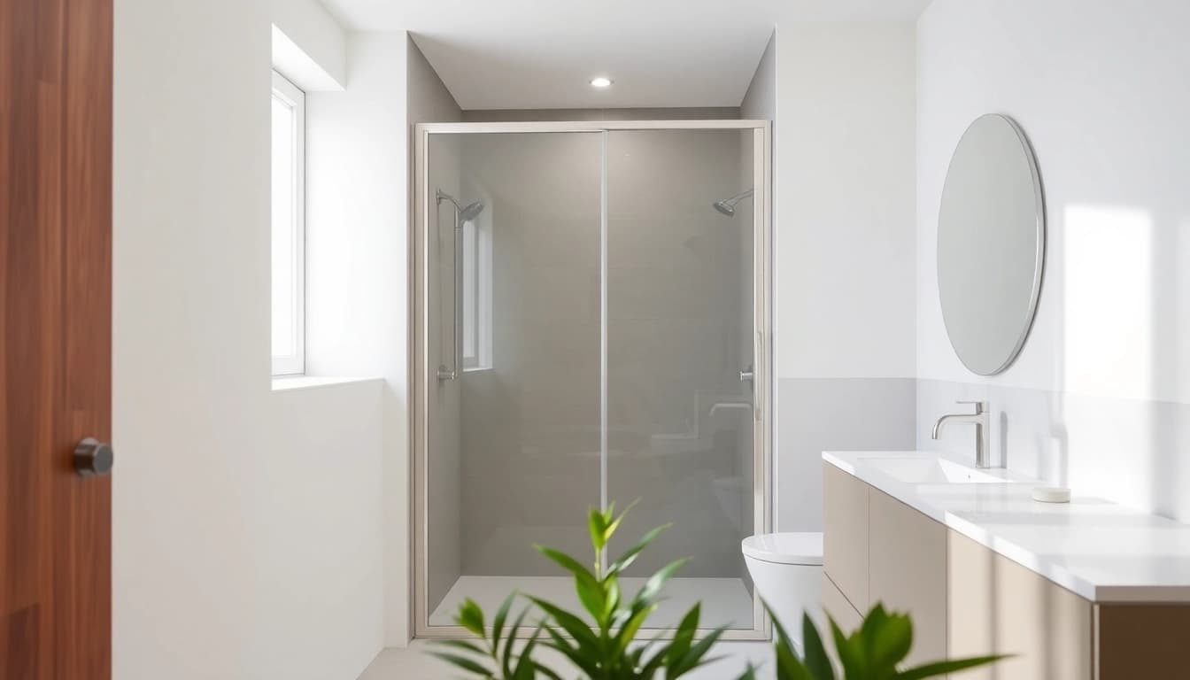 Show your elegant shower screen sliding door enhancing a modern bathroom design.