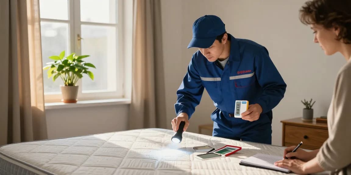 bed bug pest control expert inspecting mattress for signs of infestation in home setting