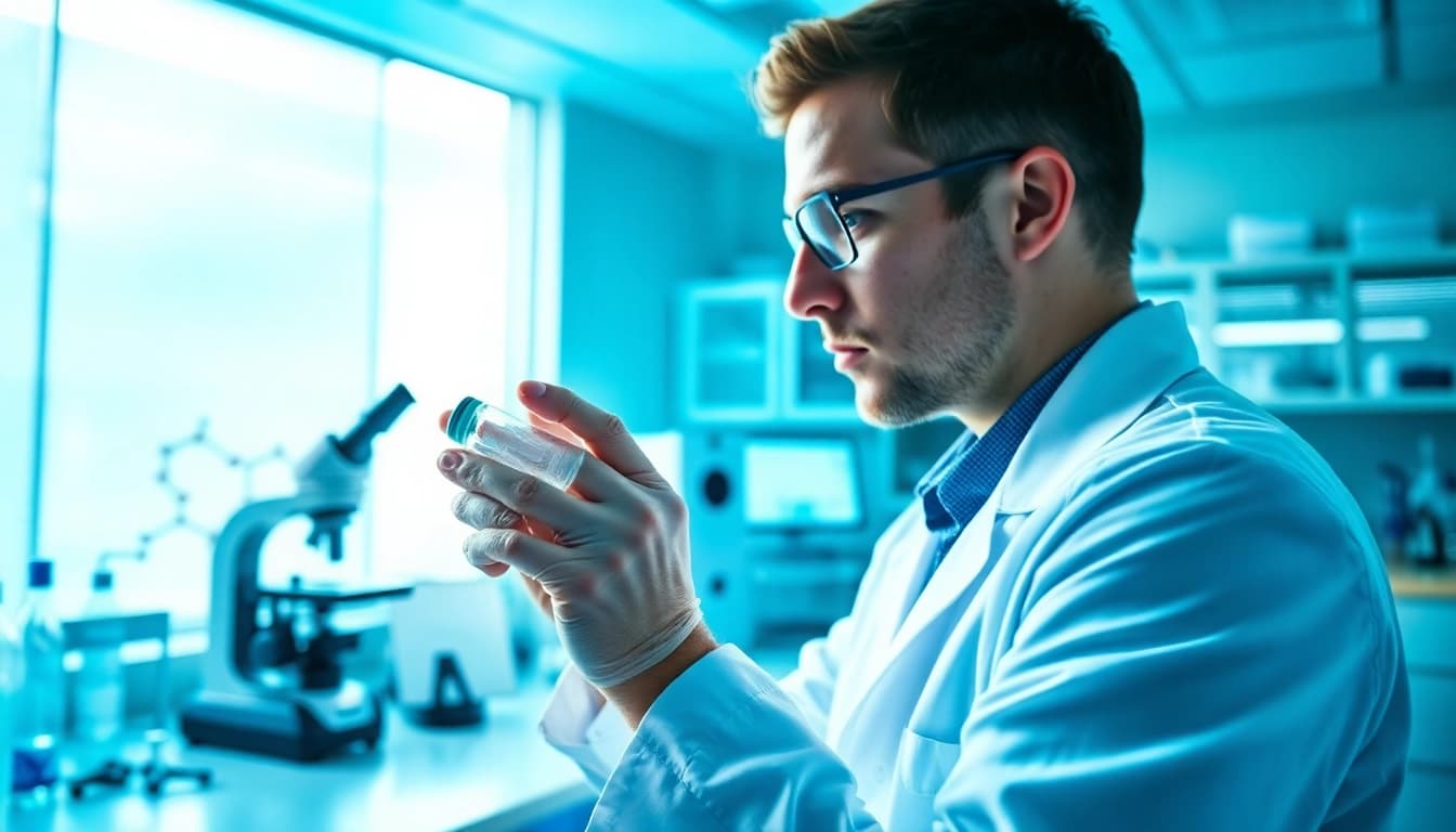 Highlighting Peptides UK, a researcher examines peptide structures in a modern lab setting.