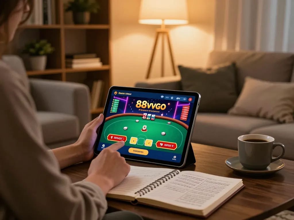 Engaged user playing poker on 88vvgo casino app in a cozy living room.