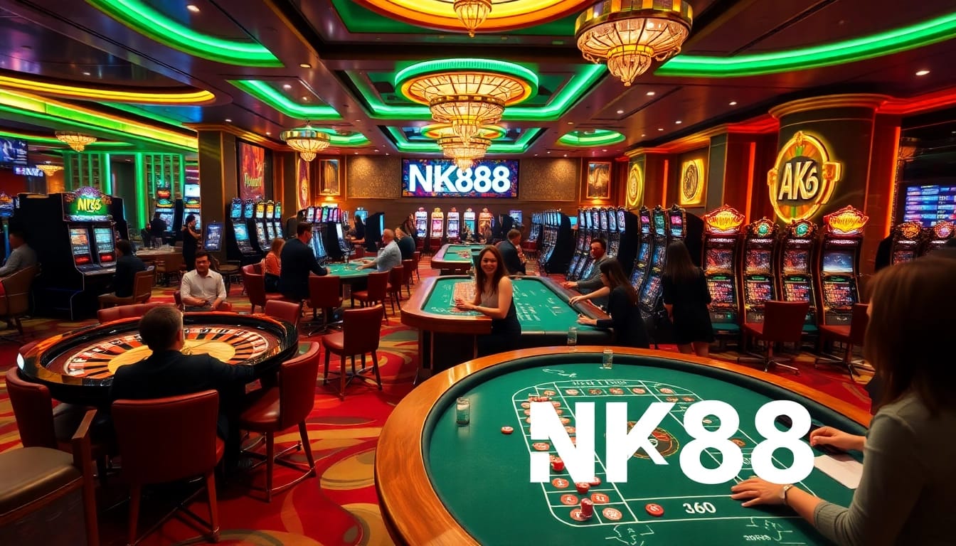 Experience the excitement at NK88 casino with vibrant gaming tables and slot machines.
