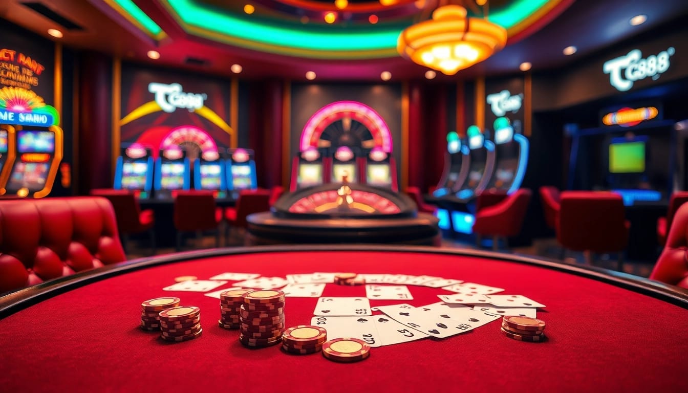 Exciting tg88 casino table scene with poker chips and roulette wheel in a luxurious setting.