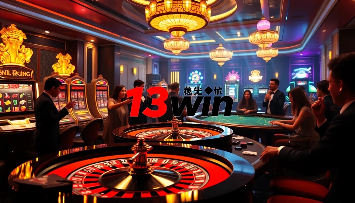 Experience the excitement of 13win in a luxurious casino setting with live gaming tables and vibrant slot machines.