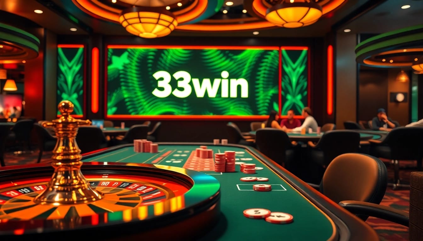 33win players engaging at a luxurious casino table with vibrant chips and cards.