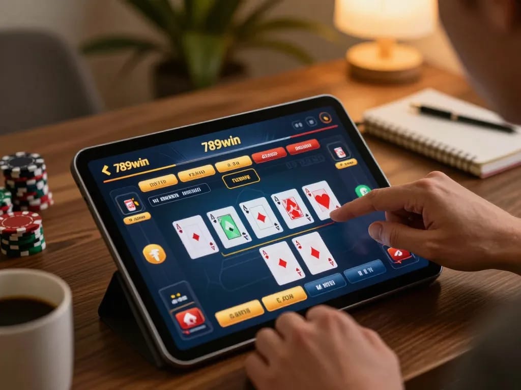 Play poker online with 789win displayed on tablet in cozy home setting, emphasizing strategic betting
