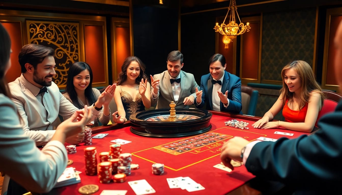 Exciting casino scene showcasing GG88 with vibrant players at a roulette table and cards.