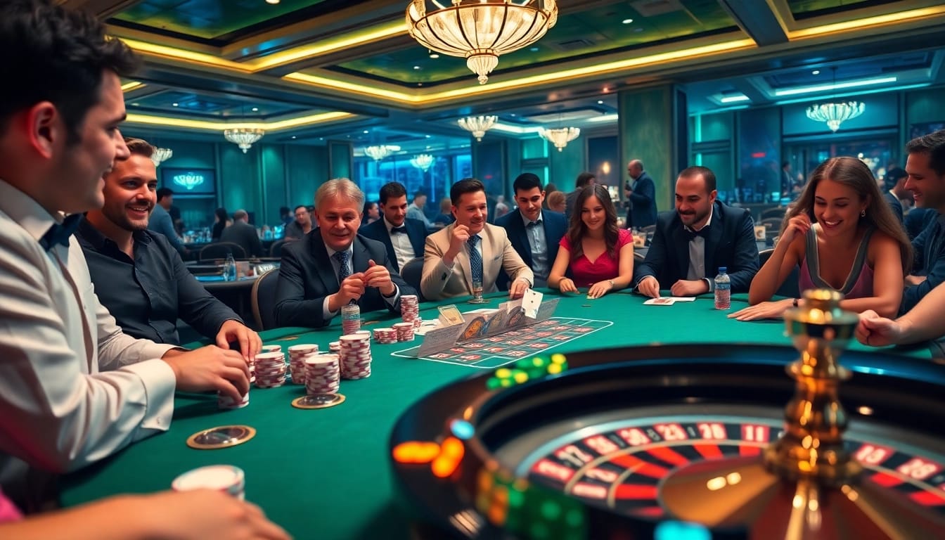 SHBET casino scene with vibrant poker chips and roulette wheel, capturing excitement in gaming atmosphere.