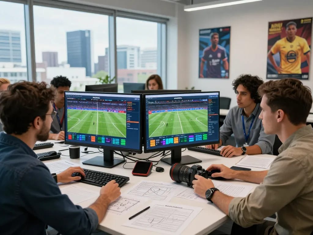 Sports analysts using NOWGOAL for real-time soccer stats and tactical analysis in a vibrant office.