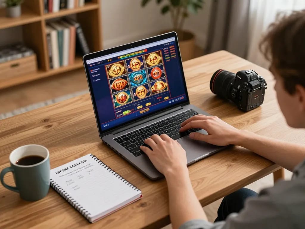 Engaging scene at https://x88.diy/ showing a user immersed in online casino gaming, surrounded by strategy notes and warm ambiance.