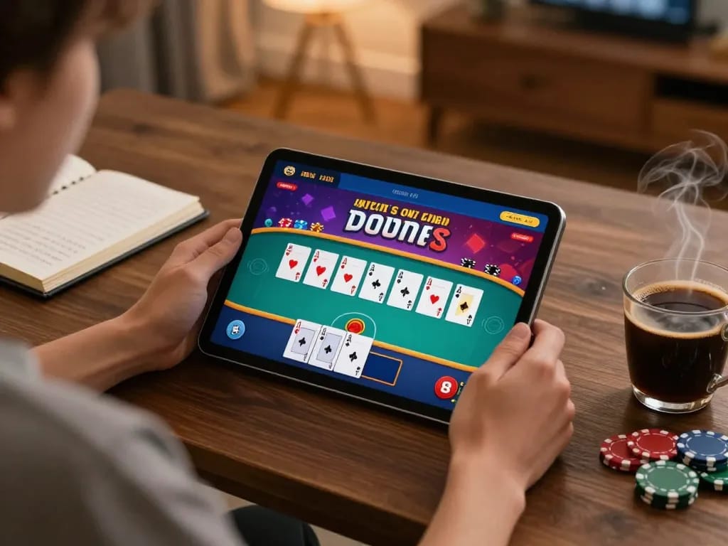 Engaging user enjoying a 789club poker game on a tablet in a cozy home setting.