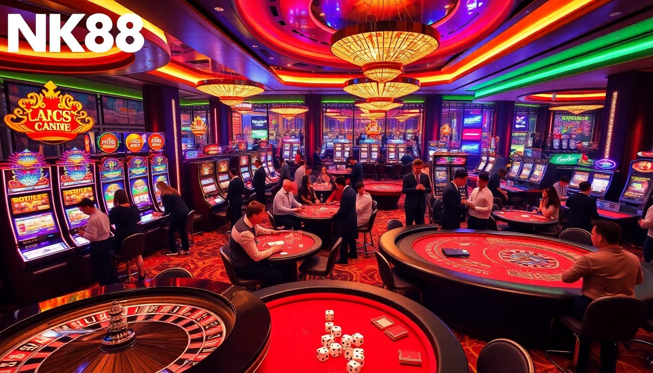 Players enjoying a thrilling game night at NK88 casino, showcasing excitement and luxury.