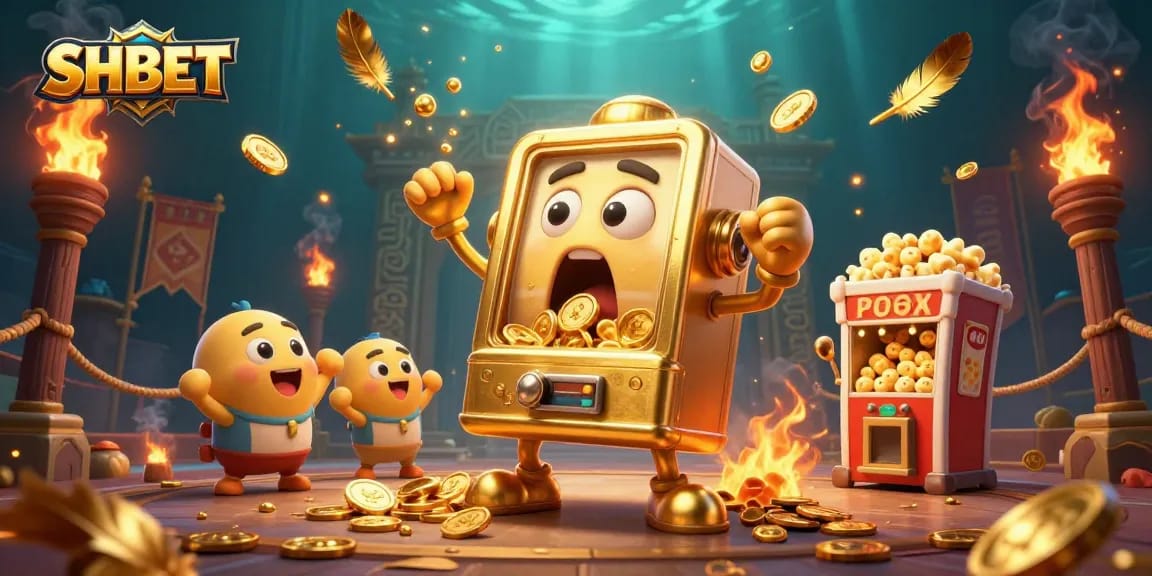 SHBET's golden slot machine wins big, surrounded by cascading coins and cheering baby machines.