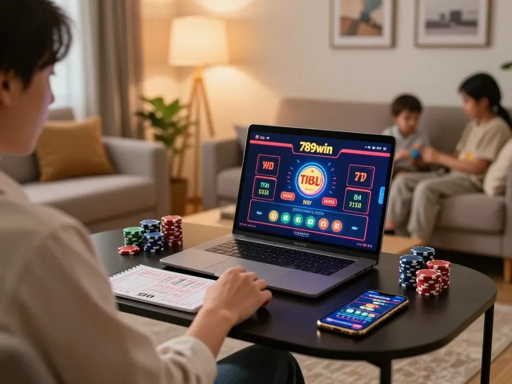 Engaged user placing bets on 789win com online casino featuring poker chips in a cozy home setting.