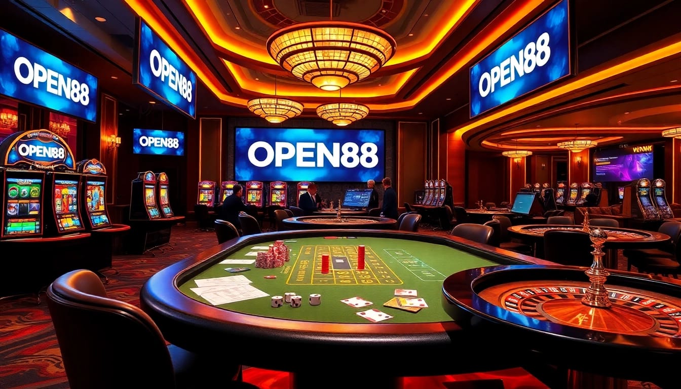 Exciting gaming action at OPEN88 with players interacting at casino tables and vibrant slot machines.