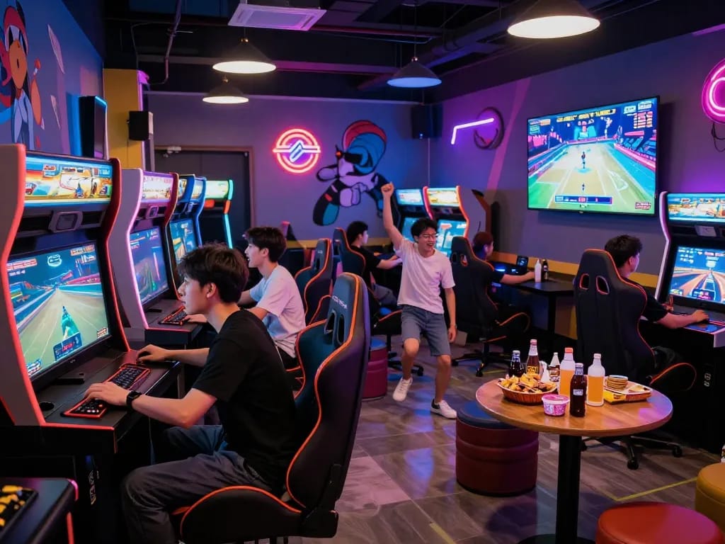 Young adults enjoying gameplay at https://gem88.com.mx/ arcade, vibrant atmosphere with LED lights.