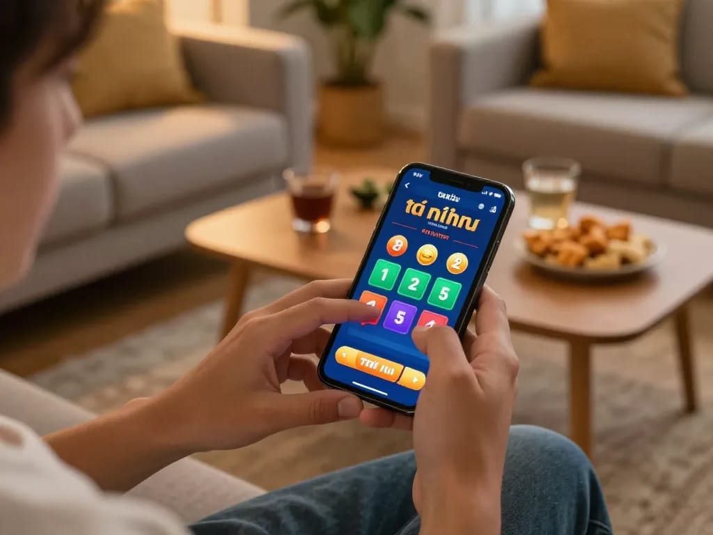 Engaging moment of using an app tài xỉu online with strategic betting options in a cozy home setting.
