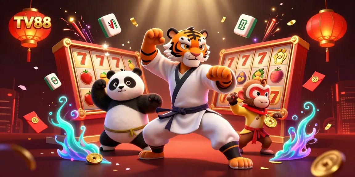 Experience thrilling wins at TV88 with a vibrant 3D casino scene featuring exciting slot games.