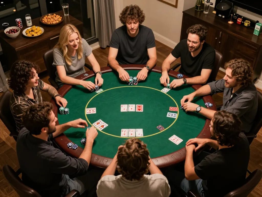 Friends enjoying poker night with chips and cards at home, emphasizing TG88 entertainment.