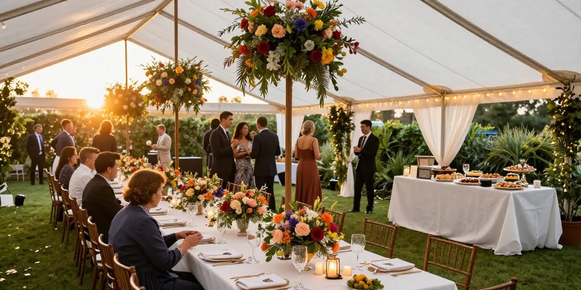 Stunning marquee hire London event under fairy lights with guests enjoying the atmosphere.