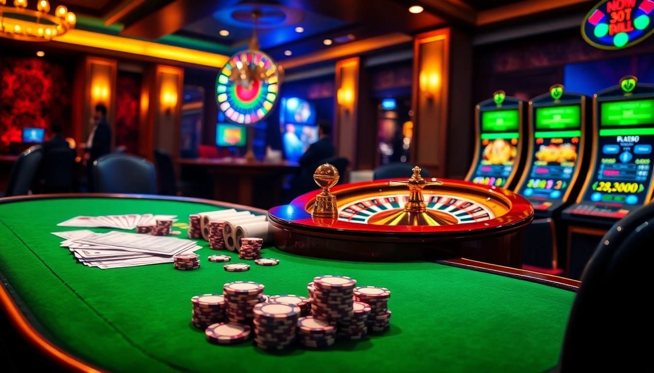 Exciting gaming action at f168.com with vibrant slots, poker chips, and a roulette wheel.