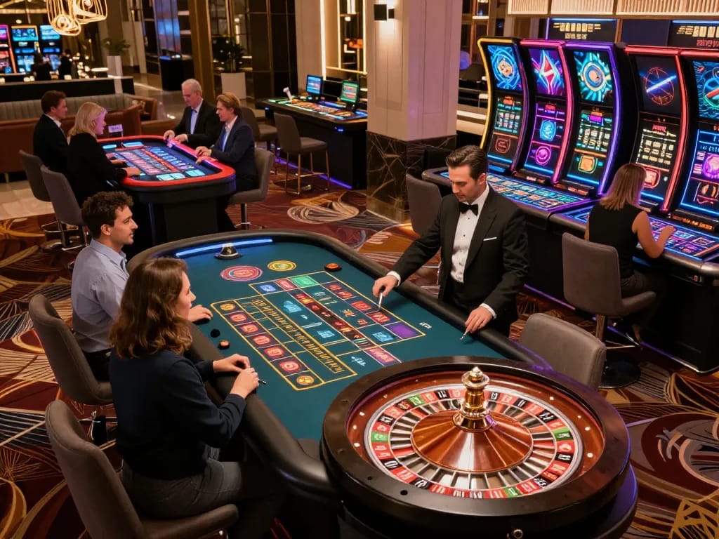 Players engaging at the roulette table in a vibrant rr88 casino, showcasing excitement and elegant decor.