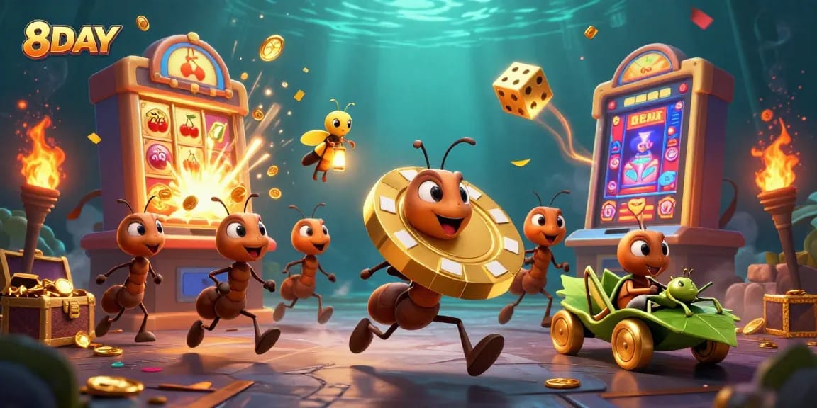 8DAY features a 3D scene with ants stealing a giant poker chip amidst vibrant casino elements.