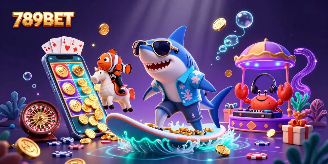 Experience winning at 789BET with a vibrant underwater casino scene featuring a shark and playful sea creatures.