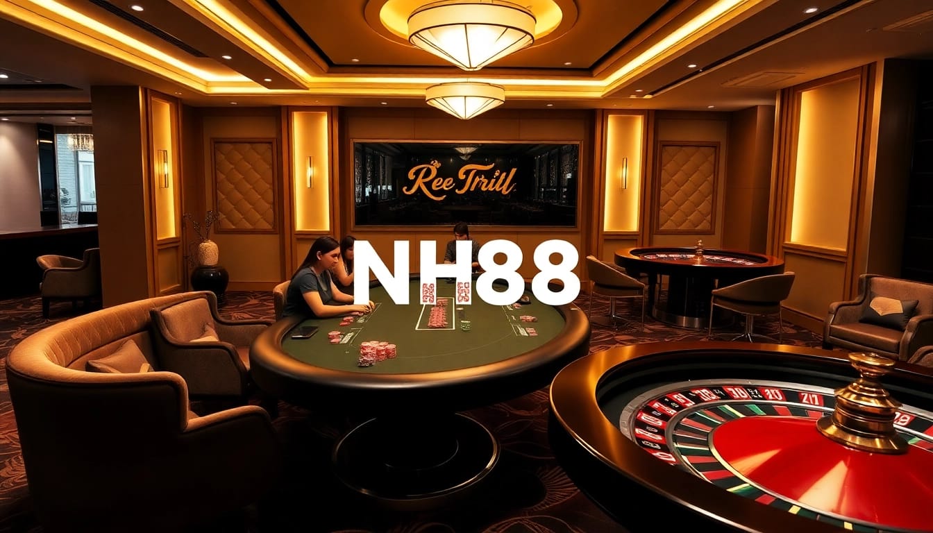 Players enjoying a vibrant casino scene at NH88, showcasing poker tables and roulette wheels.