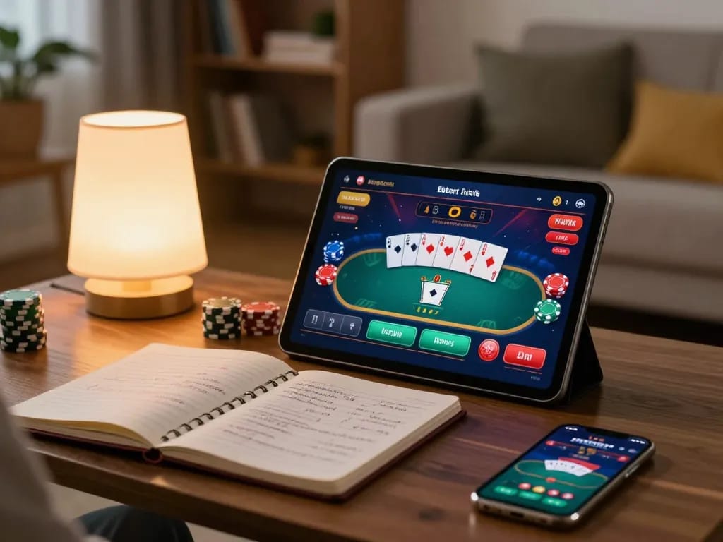 Player engages with haywin casino app on tablet in a cozy home setting, showcasing responsible gameplay.