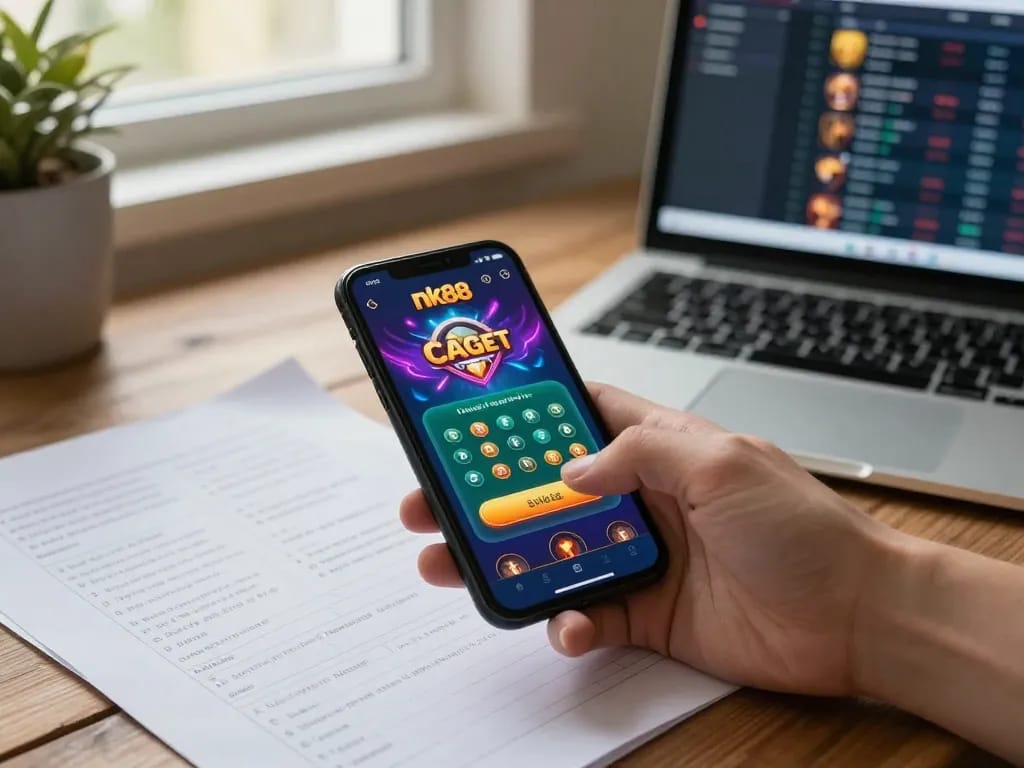 Player engaging with nk88 gambling app on smartphone, highlighting immersive online betting experience