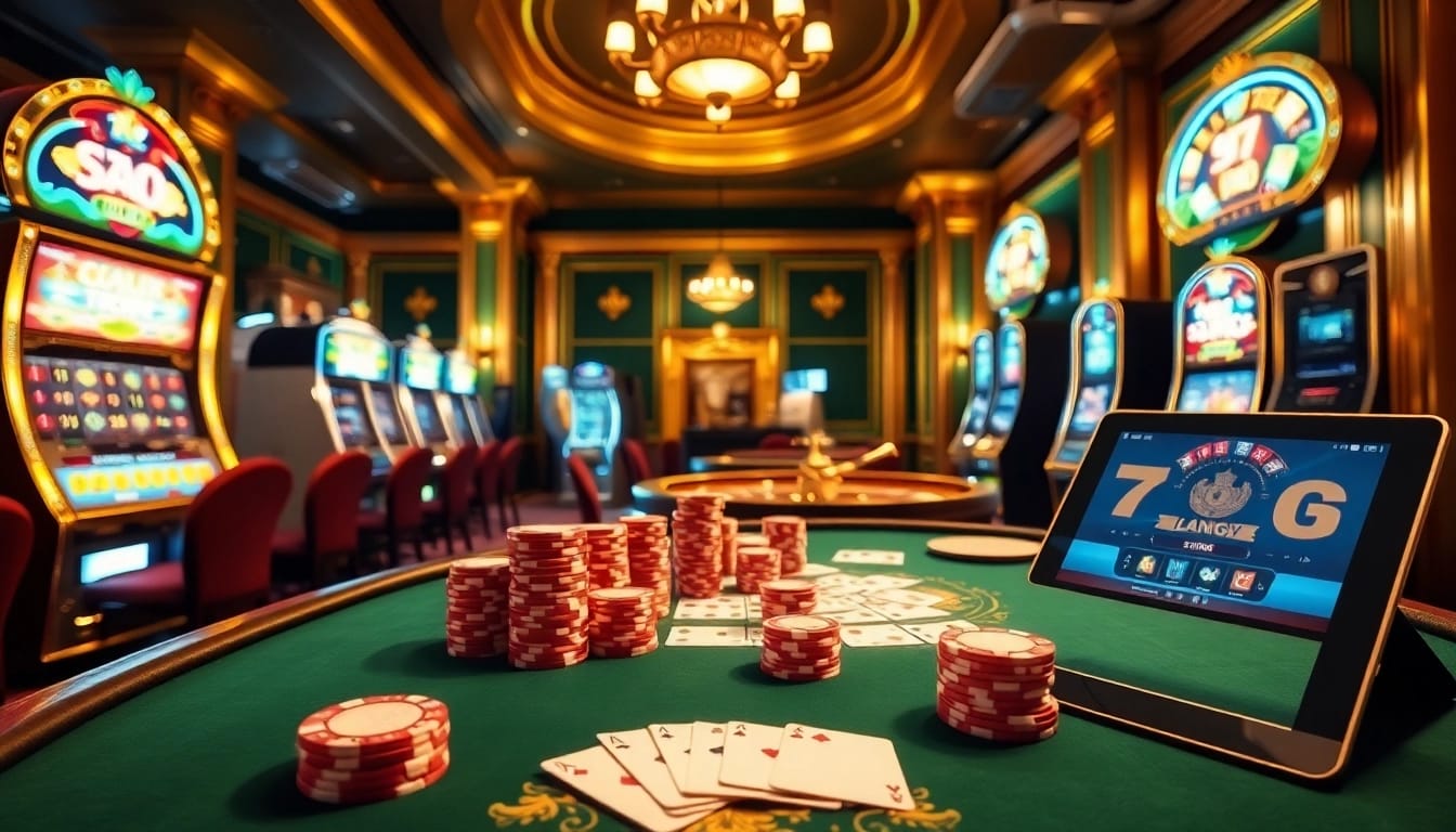79king offers a thrilling poker table experience surrounded by exciting slot machines in a luxurious casino setting.