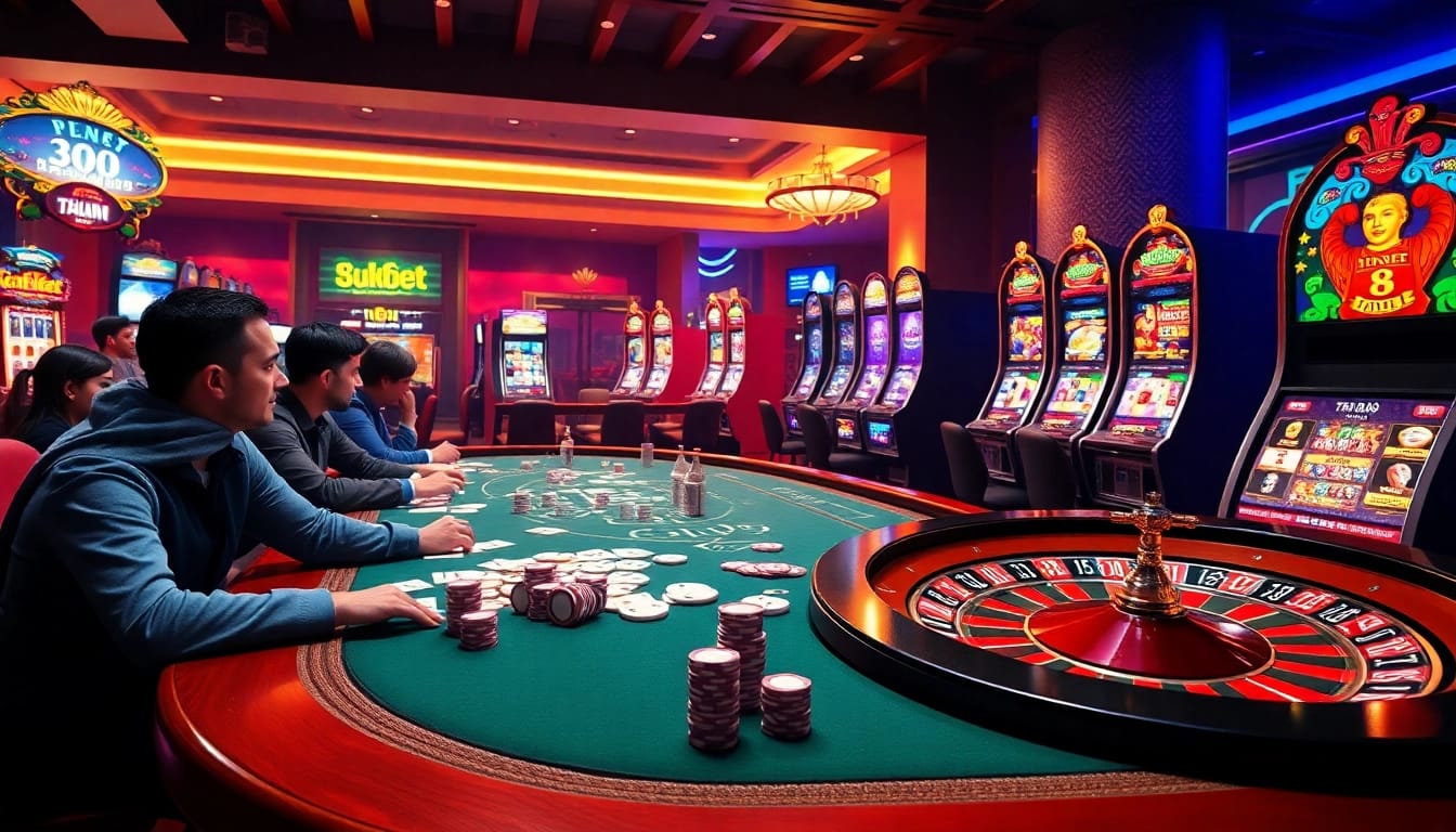 Experience an exhilarating gaming moment at 8kbet's online casino with vibrant tables and inviting slot machines.