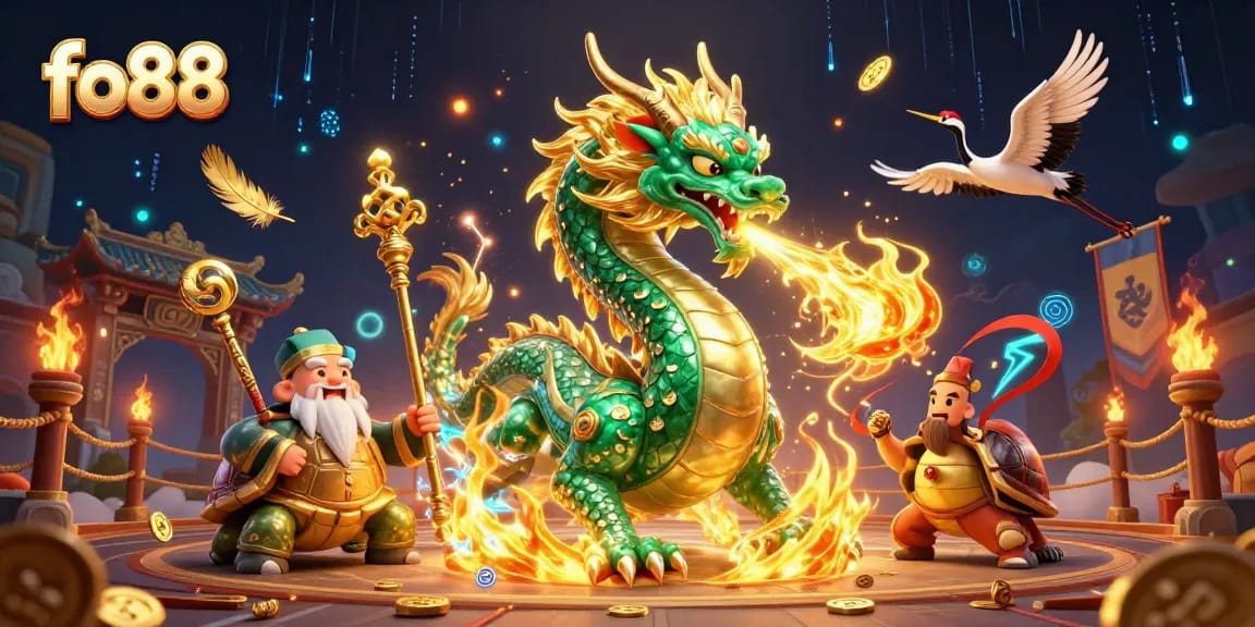Engage with fo88's vibrant casino world featuring a majestic dragon amidst golden treasures and festive energy.
