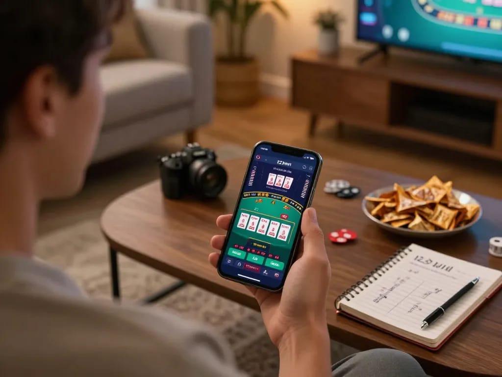 Player navigating 123win app during a home blackjack game, showcasing strategic betting.