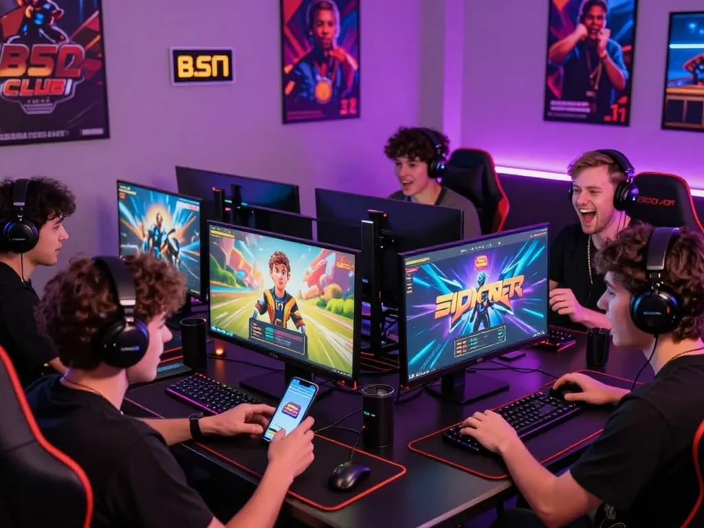 Players enjoying taib52club, engaging in colorful online games in a vibrant gaming setting.