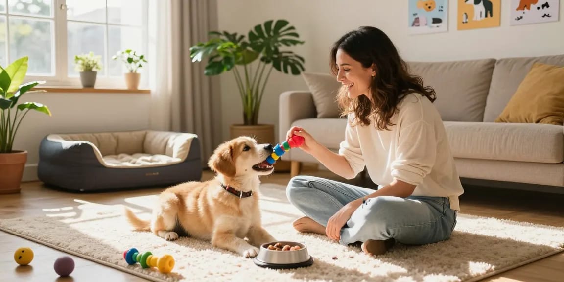 Rokok88 alternatif dog care tips in a cheerful indoor scene with playful puppy.