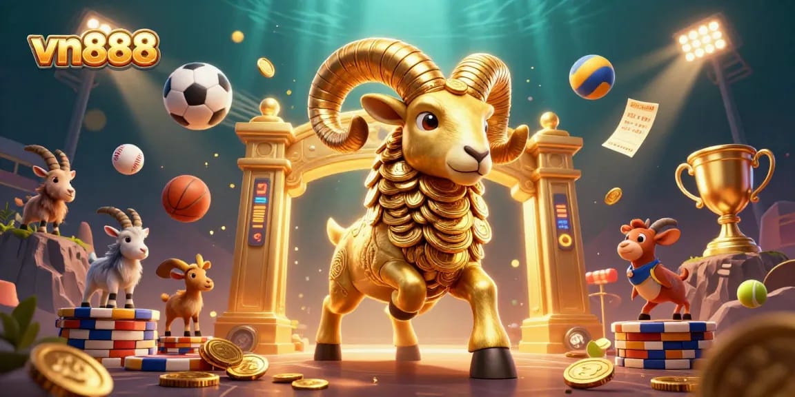 Experience the excitement of vn888 with golden ram charging through dynamic sports elements and rich casino imagery.