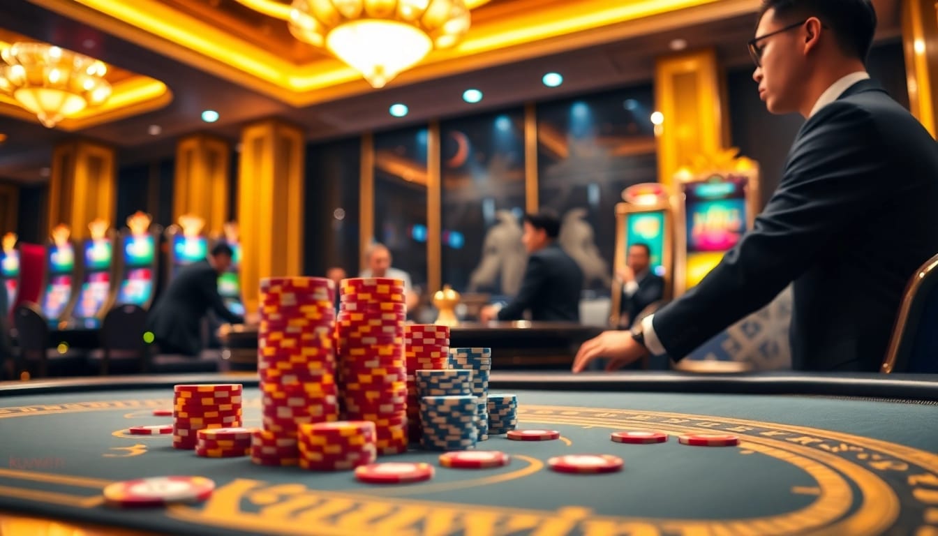 Kuwin poker table set for high-stakes gameplay with vibrant chips and roulette wheel.