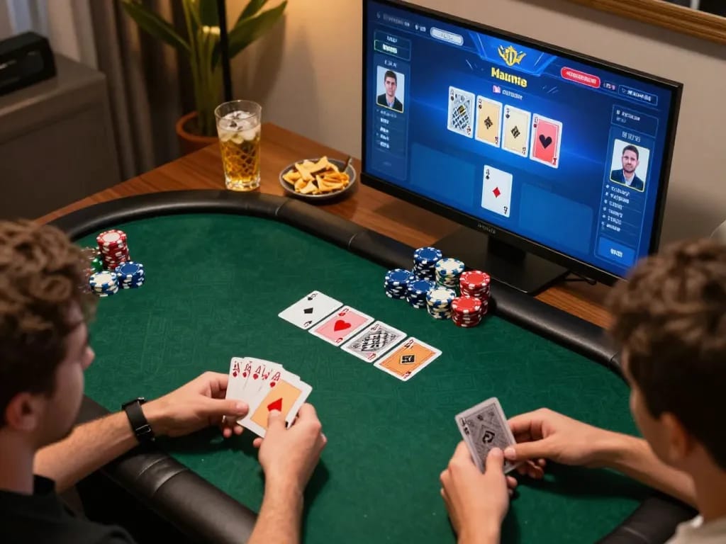 Online poker game action at home, showcasing competitive players and 888b gaming interface.