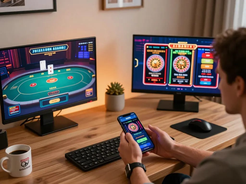 Player enjoying AU88 casino app on smartphone amidst a stylish gaming setup, showcasing excitement of online gambling