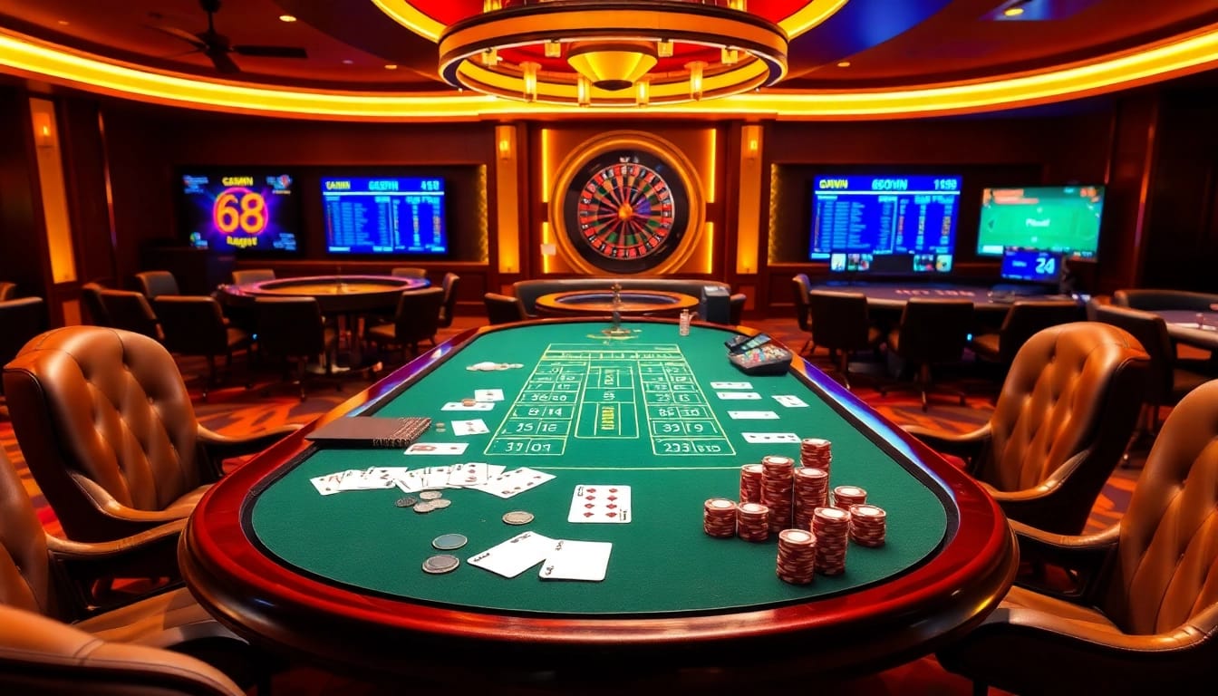 Experience the excitement of game 68WIN at an upscale casino table with colorful chips and dynamic gameplay.
