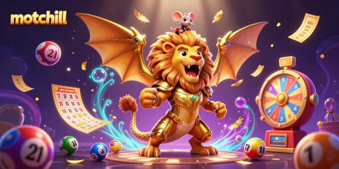 Join the excitement of Motchill with a 3D chimera roaring amidst golden tickets and colorful lottery balls.